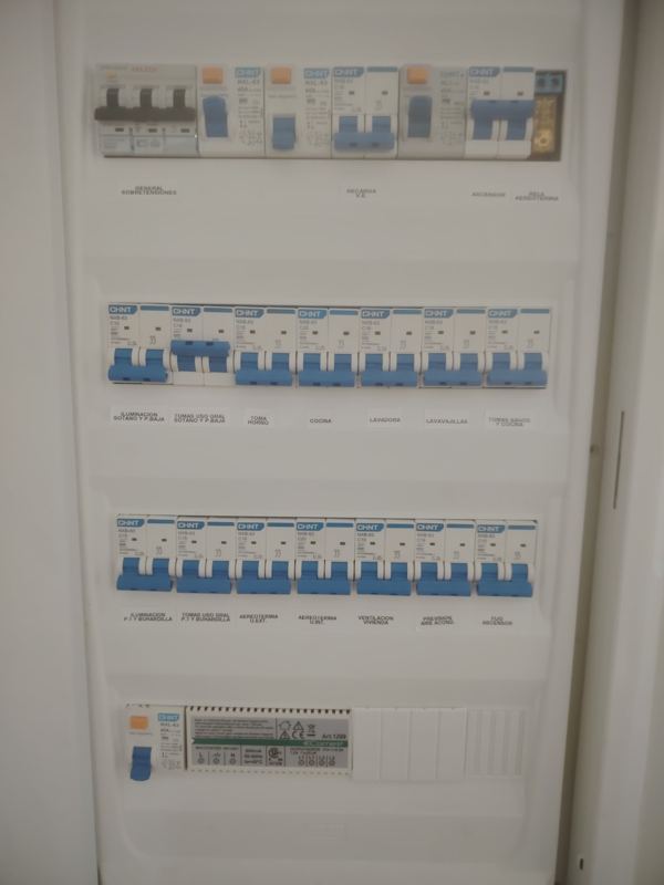 Cuadro de vivienda con circuitos rotulados, recarga de coche y aerotermia
